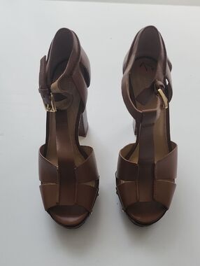 Michael Kors Brown Leather T-Strap Block Heel Sandals